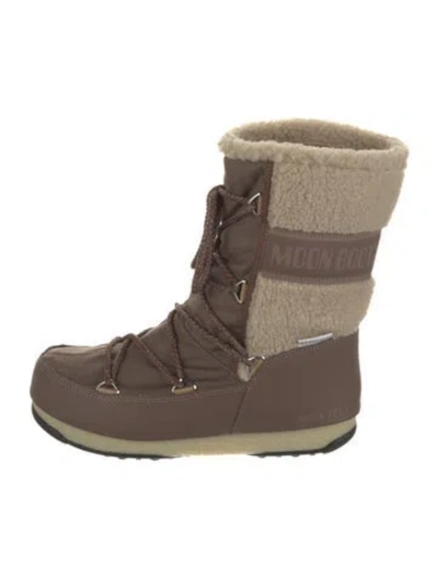 Pre-owned Moon Boot Nylon Leather Trim Embellishment Lace-up Boots In Brown