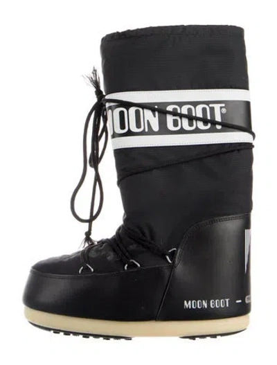 Pre-owned Moon Boot Nylon Leather Trim Embellishment Snow Boots In Black