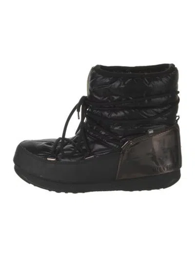Pre-owned Moon Boot Nylon Leather Trim Embellishment Snow Boots In Black