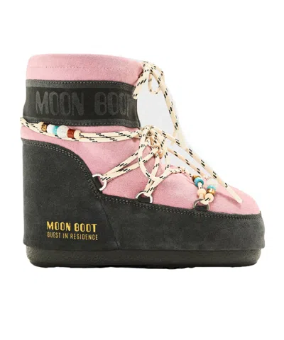Moon Boot Pink  Grey Color-blocked Suede Snow Boots In Black