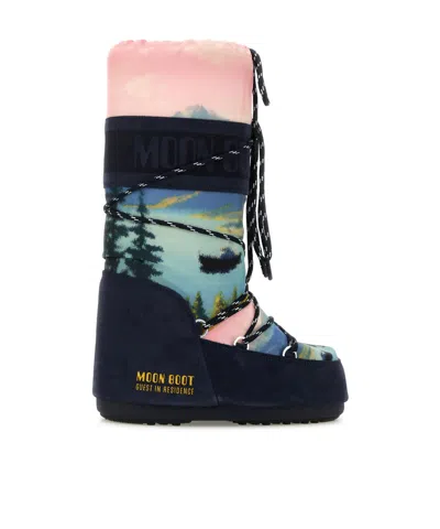 MOON BOOT PRINTED CANVAS AND SUEDE MOON BOOT X GUEST IN RESIDENCE ICON BOOTS