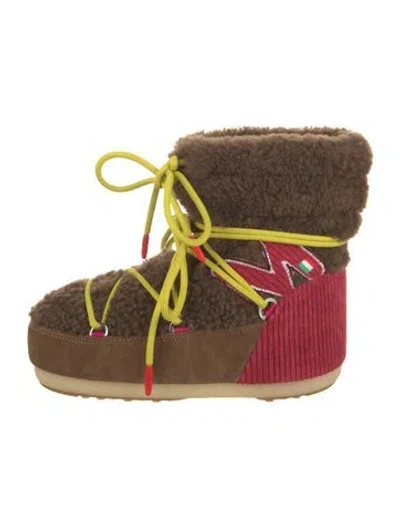 Pre-owned Moon Boot Shearling Colorblock Pattern Lace-up Boots In Brown