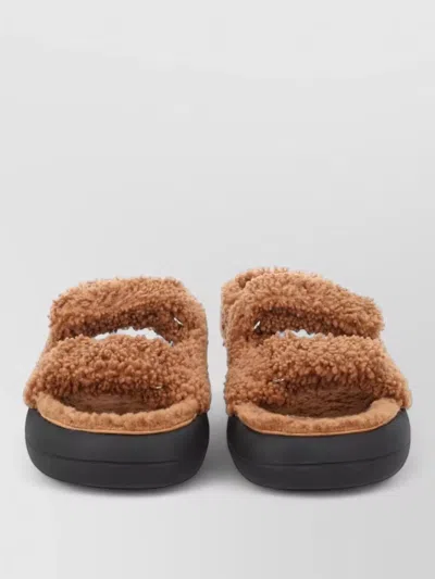 Moon Boot Shearling Double Strap Flat Sole Sandals In Brown