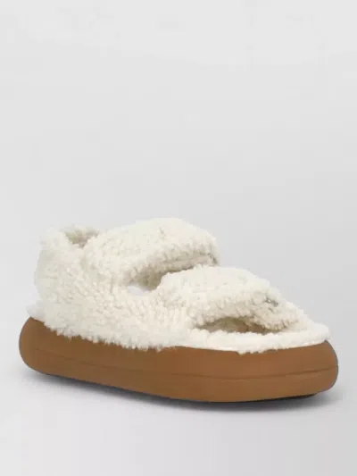 Moon Boot Shearling Sandals Flat Sole Open Toe In White