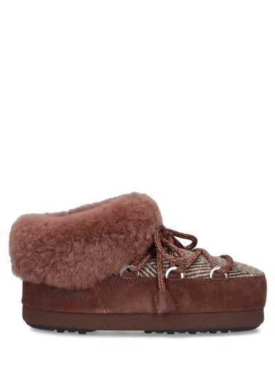 Moon Boot Shearling-trimmed Suede And Fabric Clog With Lace-up Closure In Brown