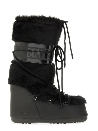 Moon Boot Black Faux Fur Boots In Animal Print