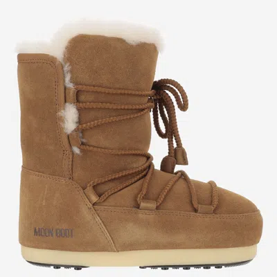 Moon Boot Stivaletti In Pelle E Pelliccia Di Agnello Con Lacci In Brown