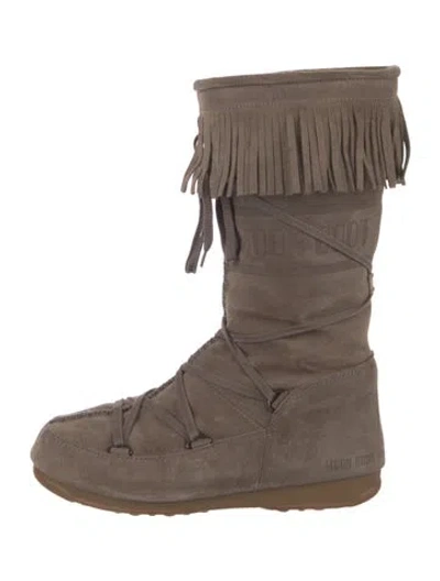 Pre-owned Moon Boot Suede Fringe Trim Accent Lace-up Boots In Brown