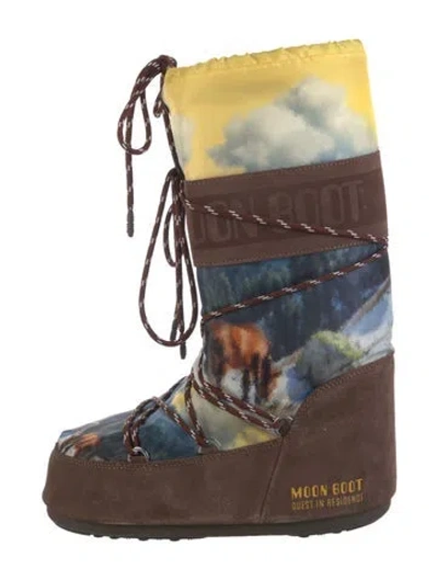 Pre-owned Moon Boot Suede Printed Lace-up Boots In Brown