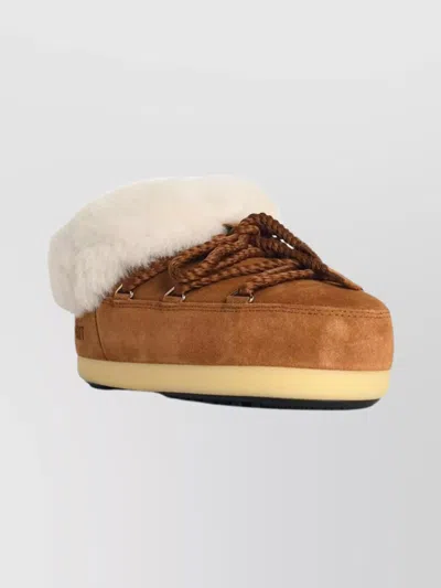 Moon Boot Suede Slippers Fur Trim In Brown