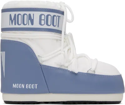 Moon Boot White & Blue Icon Low Nylon Boots In Ha06 - Elephant Grey