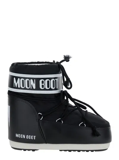Moon Boot Women 'icon' Black Snow Ankle Boots With Maxi Logo Print On The Side In Tech Fabric Woman