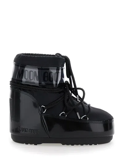 Moon Boot Women 'icon' Black Snow Ankle Boots With Maxi Logo Print On The Side In Tech Fabric Woman