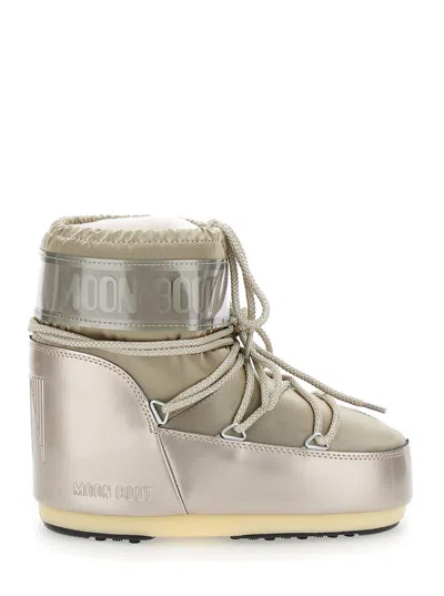 Moon Boot Women 'icon' Metallic Snow Ankle Boots With Maxi Logo Print On The Side In Tech Fabric Wom In Silver