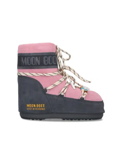 Moon Boot Women's Suede Lace-up Winter Boots With Rubber Sole In Pink
