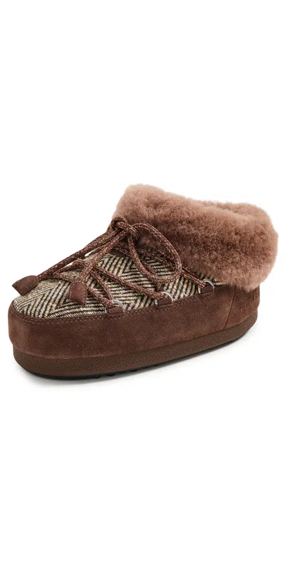 Moon Boot X Guest In Residence Suede Shearling-trim Chalet Mules In Brown