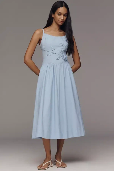 Moon River 3d Floral Sleeveless Midi Dress In Blue