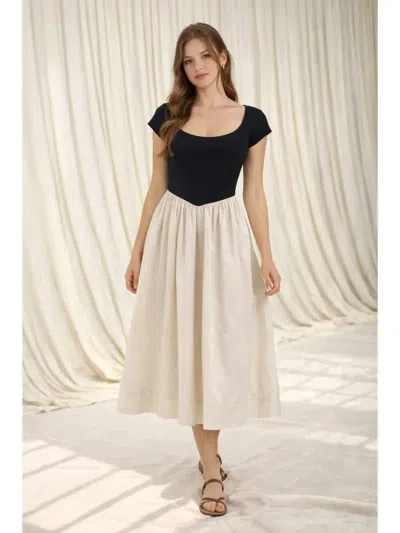 Moon River Basque Waist Short Sleeve Mixed Media Dress In Black/cream