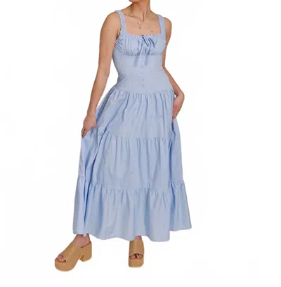 Moon River Birds Chirping Milkmaid Tiered Midi Dress In Blue