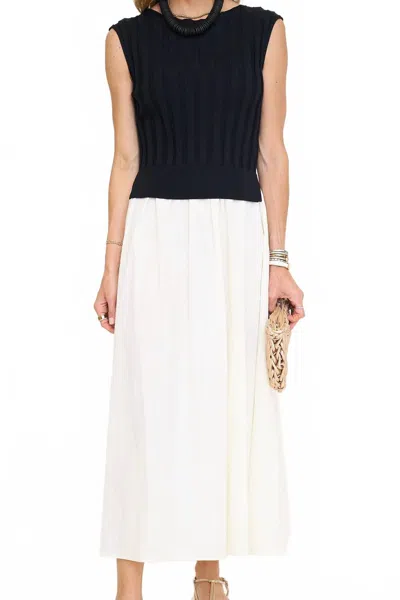 Moon River Boat Neck Knit Mixed Media Midi Dress In Black