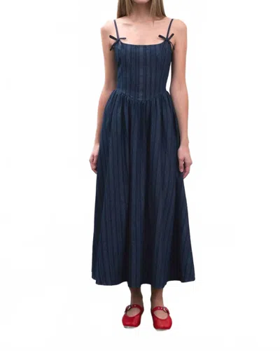 Moon River Bow Denim Midi Dress In Blue