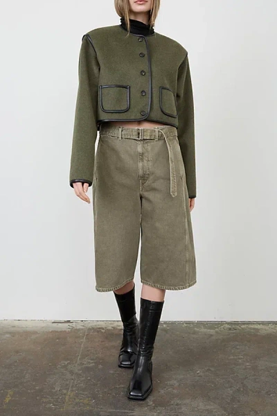 Moon River Button Front Collarless Cropped Jacket In Green, Women's At Urban Outfitters