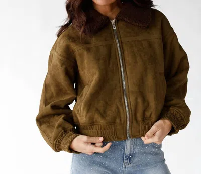 Moon River Charlie Teddy Lined Bomber Jacket In Olive In Green
