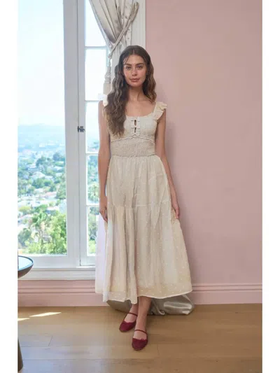 Moon River Clip Dot Ruffle Detail Smocked Midi Dress In Taupe/natural In Multi