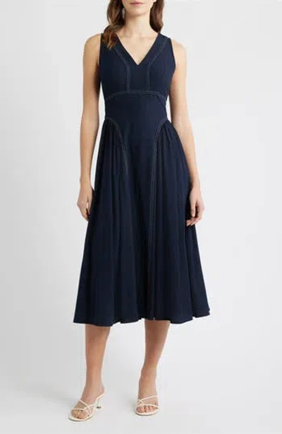 Moon River Contrast Stitch Sleeveless Tie Back Dress In Blue
