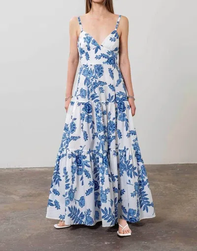 Moon River Delft Floral Maxi Dress In White/blue