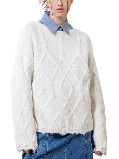 Moon River Destroyed Cable Sweater In White