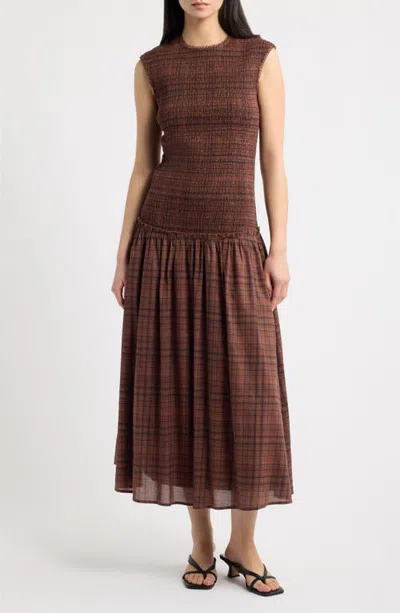 Moon River Drop Waist Plaid Midi Dress In Brown