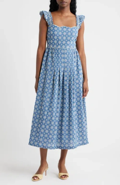 Moon River Embroidered Flutter Sleeve Cotton Blend Midi Dress In Blue