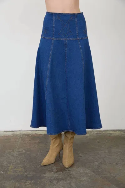 Moon River Embroidered Midi Skirt In Denim In Blue