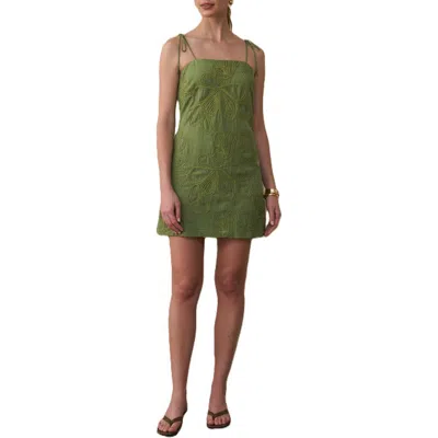 Moon River Embroidered Tie Strap Mini Sundress In Green