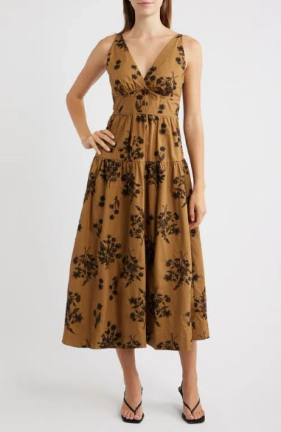Moon River Embroidered Tiered Sleeveless Midi Dress In Brown