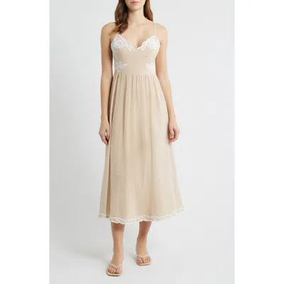 Moon River Embroidered V-neck Midi Dress In Neutral