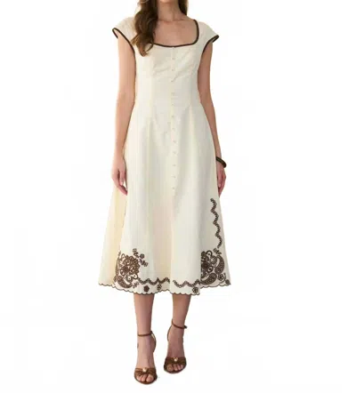 Moon River Embroidery Detail Button Down Midi Dress In Cream Multi In Neutral
