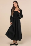 Moon River Exceptional Composure Black Long Sleeve Midi Dress In Black