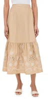 Moon River Eyelet Detail Midi Skirt Khaki In Khaki