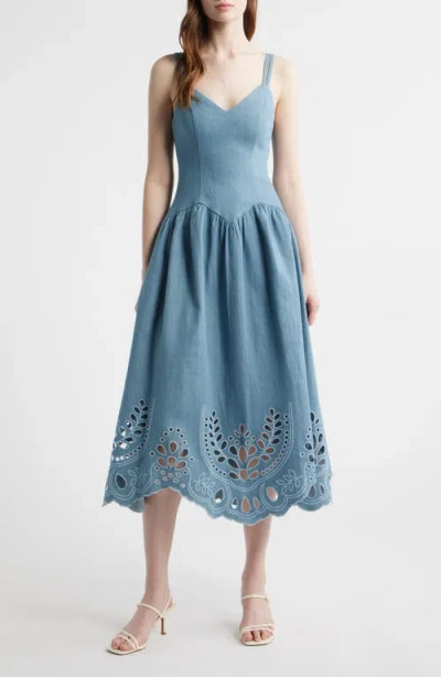 Moon River Eyelet Detail Sleeveless Midi Dress In Blue