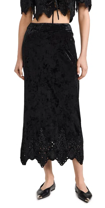 Moon River Eyelet Detail Velvet H Line Midi Skirt Black