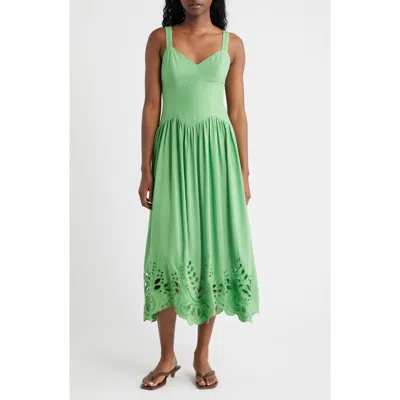 Moon River Eyelet Drop Waist Cotton & Linen Sundress In Green