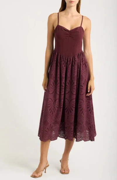 Moon River Eyelet Scallop Sleeveless Midi Dress In Burgundy