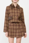 Moon River Faux Fur Trim Plaid Cropped Jacket In Brown, Women's At Urban Outfitters In Brown