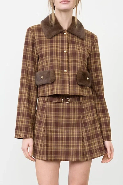 Moon River Faux Fur Trim Plaid Cropped Jacket In Brown, Women's At Urban Outfitters