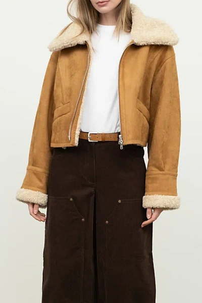 Moon River Faux Shearling + Faux Suede Cropped Jacket In Brown At Urban Outfitters