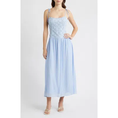 Moon River Floral Appliqué Tie Shoulder Midi Dress In Blue