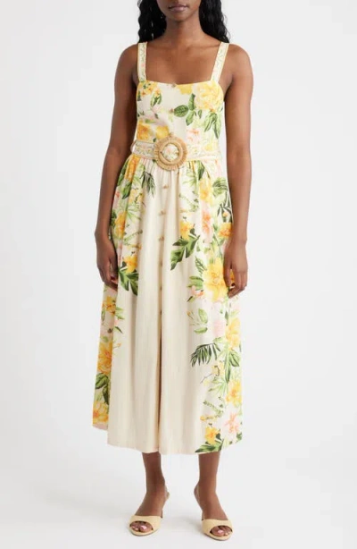 Moon River Floral Belted Midi Sundress In Multi