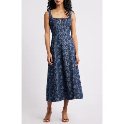 Moon River Floral Denim Midi Dress In Blue